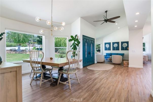 Dining room, Interior, Living room, Pendant Lights, Recessed Lighting, Wood Texture Flooring