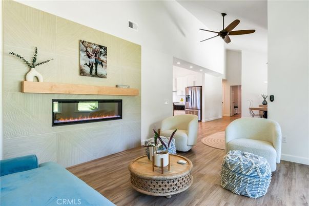 Fireplace, Interior, Kitchen, Recessed Lighting, Wood Texture Flooring