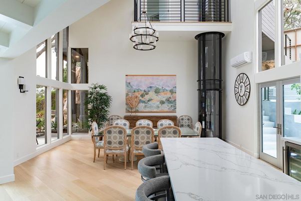Dining room, Fireplace, Interior, Pendant Lights, Wood Texture Flooring