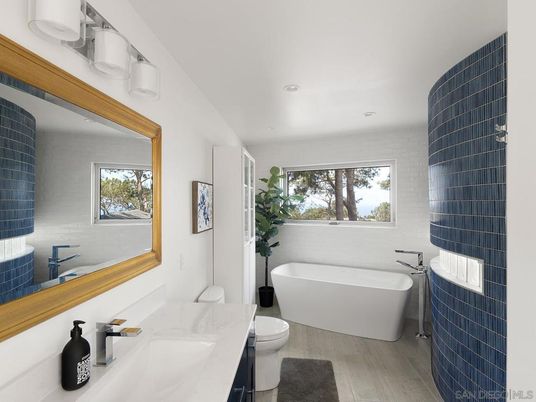 Bathroom, Dual Sink Vanities, Free Standing Baths, Interior, Recessed Lighting, Wood Texture Flooring