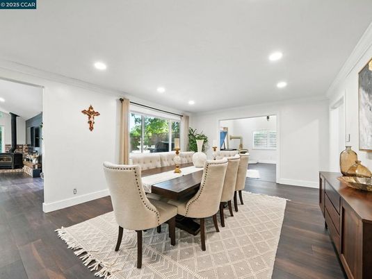 Dining room, Interior, Recessed Lighting, Wood Texture Flooring