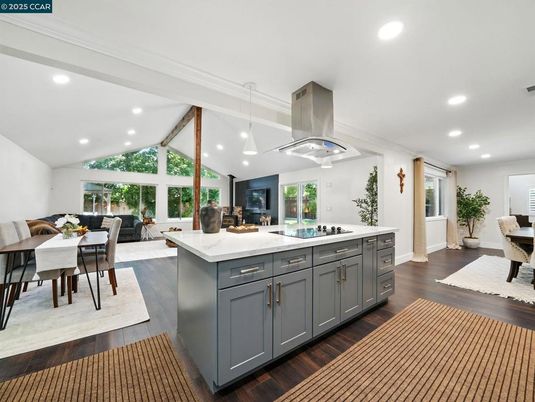 Dining room, Interior, Kitchen, Pendant Lights, Recessed Lighting, Wood Texture Flooring