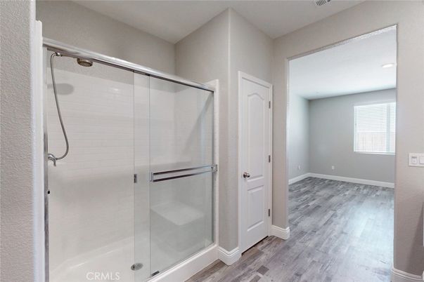 Bathroom, Glass Shower, Interior, Recessed Lighting, Wood Texture Flooring