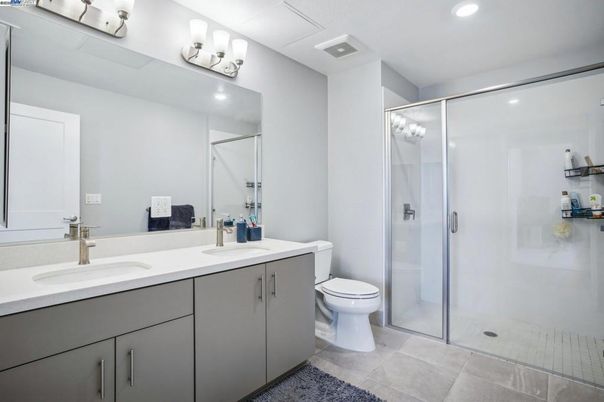 Bathroom, Dual Sink Vanities, Glass Shower, Interior, Recessed Lighting