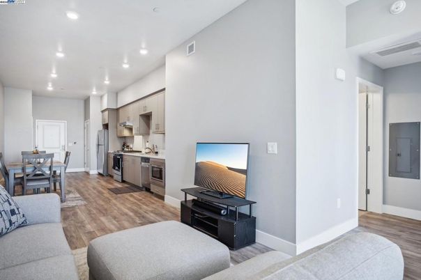 Dining room, Interior, Kitchen, Recessed Lighting, Stainless Steel Appliances, Wood Texture Flooring