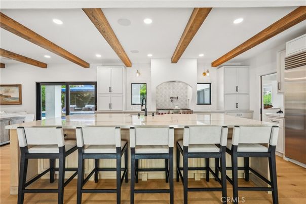 Interior, Kitchen, Recessed Lighting, Stainless Steel Appliances, Wooden Beams, Wood Texture Flooring