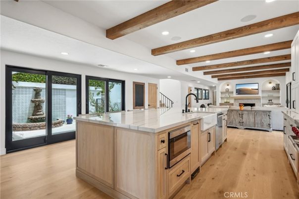 Interior, Kitchen, Living room, Recessed Lighting, Stainless Steel Appliances, Wooden Beams, Wood Texture Flooring