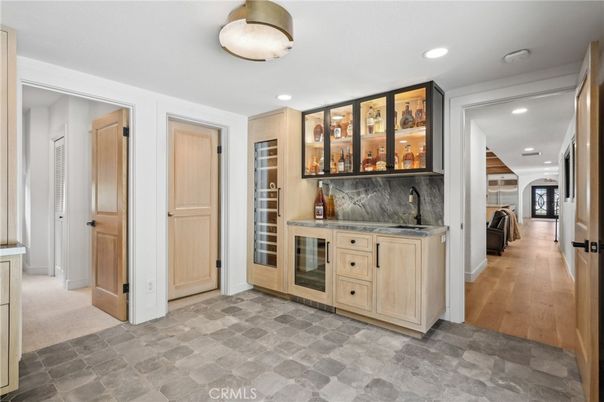 Interior, Kitchen, Marble Walls, Recessed Lighting, Wood Texture Flooring