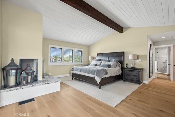 Bedroom, Interior, Recessed Lighting, Wooden Beams, Wood Texture Flooring