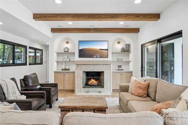 Fireplace, Interior, Living room, Recessed Lighting, Wooden Beams, Wood Texture Flooring