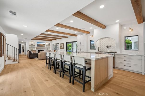 Interior, Kitchen, Living room, Pendant Lights, Recessed Lighting, Wooden Beams, Wood Texture Flooring