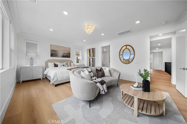 Bedroom, Chandelier, Interior, Recessed Lighting, Wood Texture Flooring