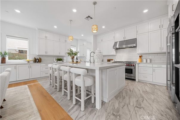 Interior, Kitchen, Marble, Pendant Lights, Recessed Lighting, Stainless Steel Appliances
