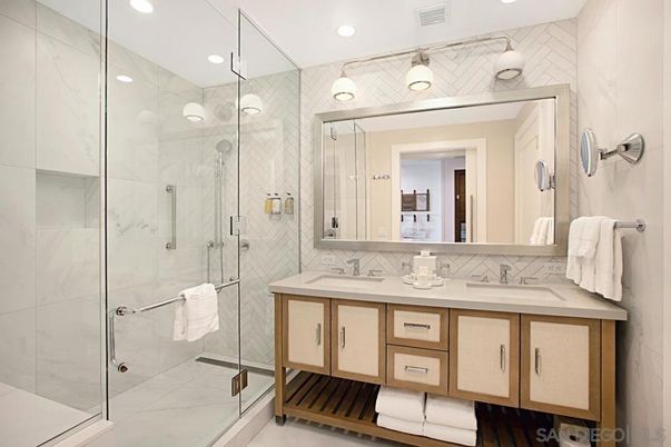 Bathroom, Dual Sink Vanities, Glass Shower, Interior, Marble Walls, Recessed Lighting