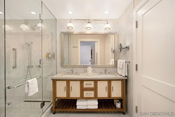 Bathroom, Dual Sink Vanities, Glass Shower, Interior, Marble Walls, Recessed Lighting