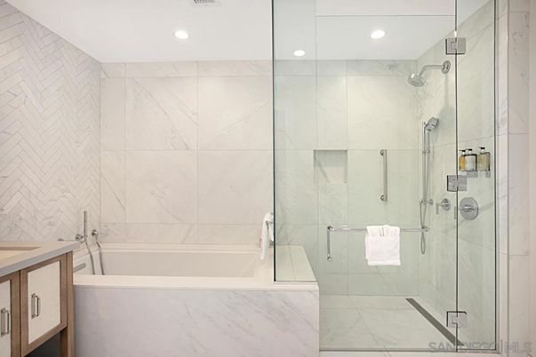 Bathroom, Glass Shower, Interior, Marble Walls, Recessed Lighting
