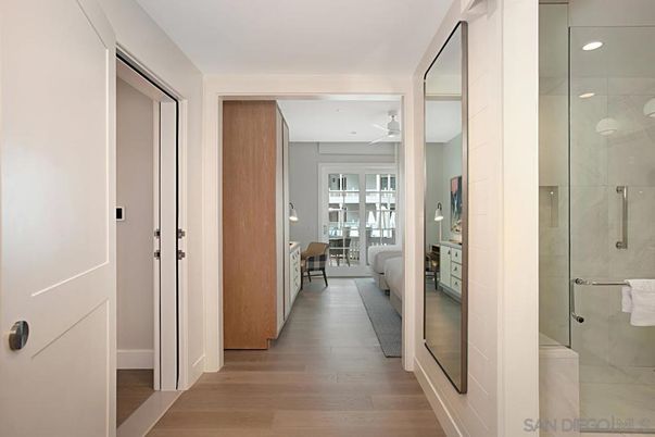 Bathroom, Glass Shower, Interior, Recessed Lighting, Wood Texture Flooring