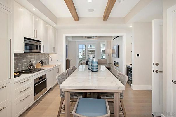 Dining room, Interior, Kitchen, Recessed Lighting, Stainless Steel Appliances, Wooden Beams, Wood Texture Flooring