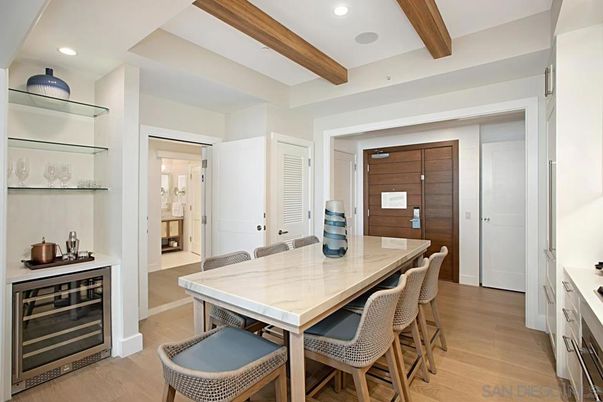 Dining room, Interior, Recessed Lighting, Wooden Beams, Wood Texture Flooring