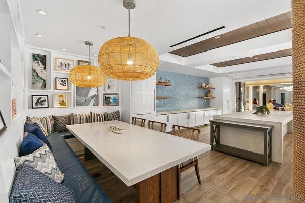 Dining room, Interior, Pendant Lights, Recessed Lighting, Wood Texture Flooring