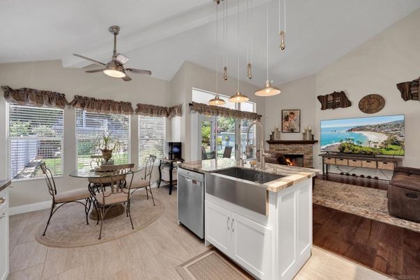 Dining room, Fireplace, Interior, Kitchen, Pendant Lights, Wood Texture Flooring
