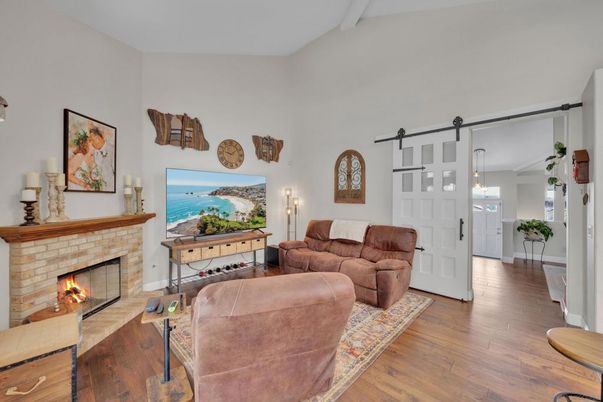 Fireplace, Interior, Living room, Pendant Lights, Wood Texture Flooring