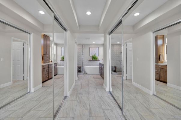 Bathroom, Free Standing Baths, Glass Shower, Interior, Marble, Recessed Lighting
