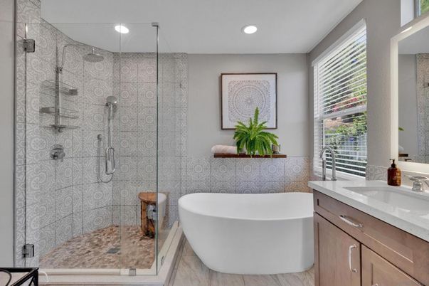 Bathroom, Free Standing Baths, Glass Shower, Interior, Recessed Lighting