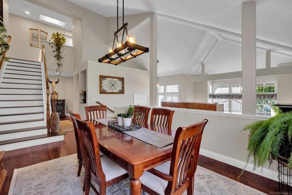 Dining room, Interior, Marble, Pendant Lights, Recessed Lighting, Wood Texture Flooring