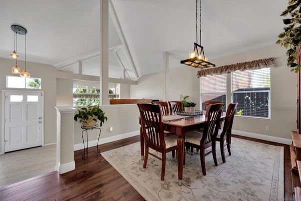 Dining room, Interior, Pendant Lights, Wood Texture Flooring