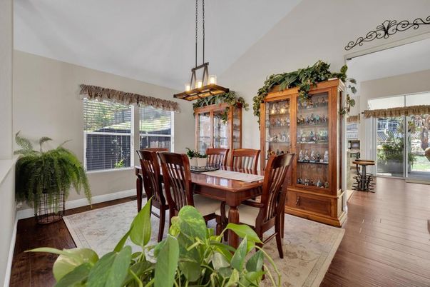 Dining room, Interior, Pendant Lights, Wood Texture Flooring