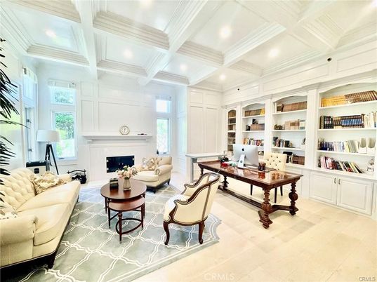 Fireplace, Home Office, Interior, Recessed Lighting, Wood Texture Flooring