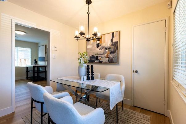 Dining room, Interior, Pendant Lights, Wood Texture Flooring