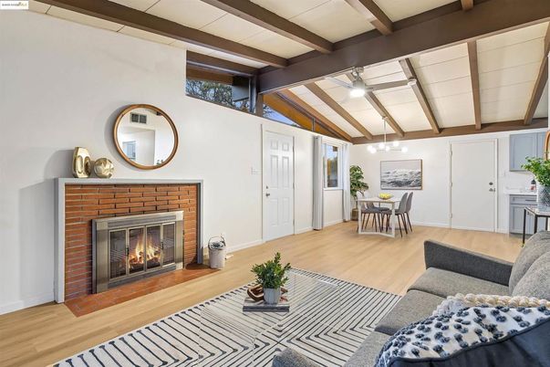 Dining room, Fireplace, Interior, Living room, Wooden Beams, Wood Texture Flooring