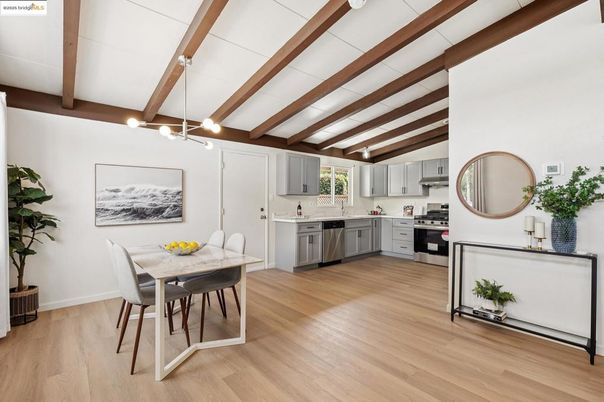 Dining room, Interior, Kitchen, Pendant Lights, Stainless Steel Appliances, Wooden Beams, Wood Texture Flooring
