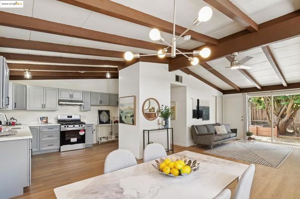 Dining room, Interior, Kitchen, Living room, Pendant Lights, Stainless Steel Appliances, Wooden Beams, Wood Texture Flooring