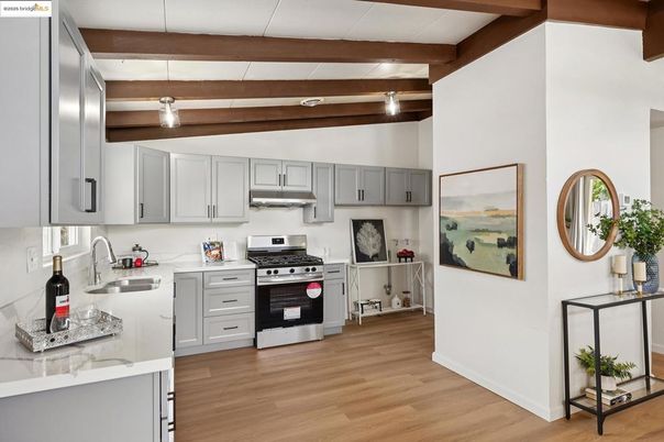 Interior, Kitchen, Pendant Lights, Stainless Steel Appliances, Wooden Beams, Wood Texture Flooring
