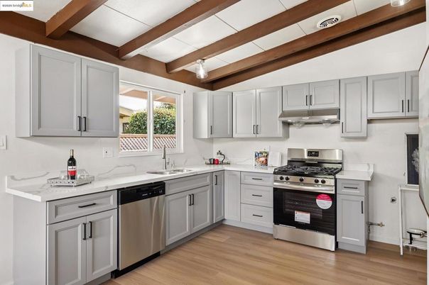 Interior, Kitchen, Stainless Steel Appliances, Wooden Beams, Wood Texture Flooring