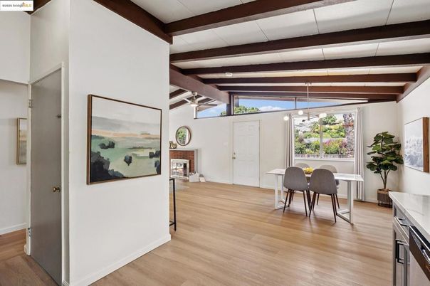 Dining room, Interior, Pendant Lights, Wooden Beams, Wood Texture Flooring