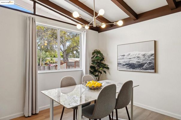 Dining room, Interior, Pendant Lights, Wooden Beams, Wood Texture Flooring
