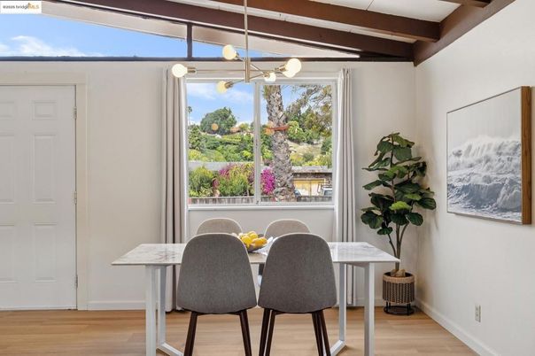 Dining room, Interior, Pendant Lights, Wooden Beams, Wood Texture Flooring