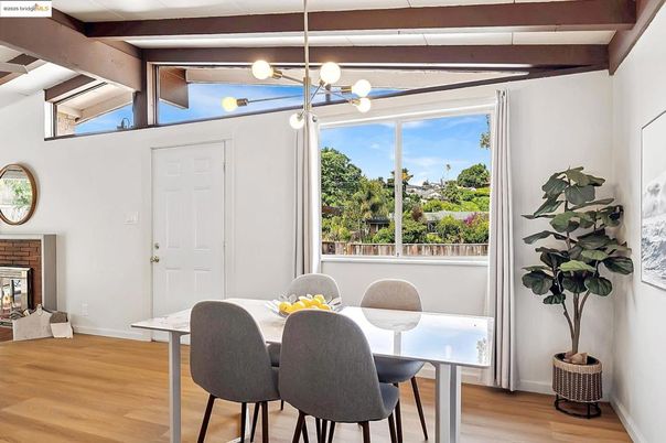 Dining room, Fireplace, Interior, Pendant Lights, Wooden Beams, Wood Texture Flooring