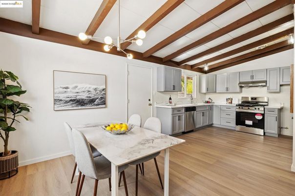 Dining room, Interior, Kitchen, Pendant Lights, Stainless Steel Appliances, Wooden Beams, Wood Texture Flooring
