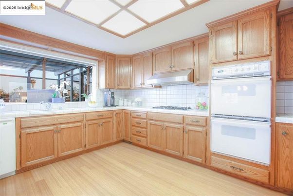 Interior, Kitchen, Tile Countertops, Wood Texture Flooring