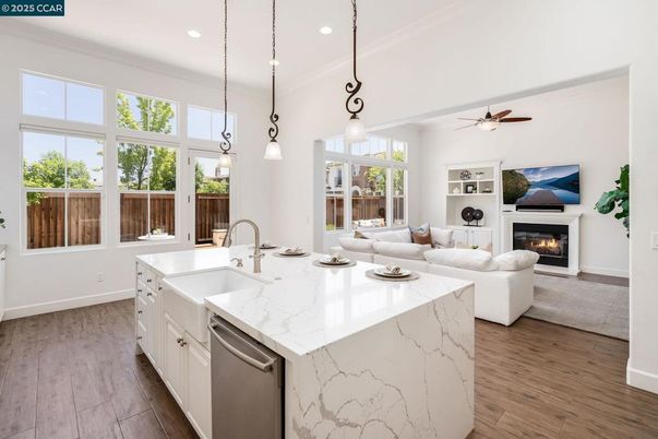 Fireplace, Interior, Kitchen, Living room, Pendant Lights, Recessed Lighting, Wood Texture Flooring