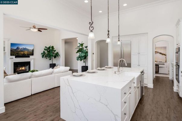 Fireplace, Interior, Kitchen, Living room, Pendant Lights, Recessed Lighting, Wood Texture Flooring
