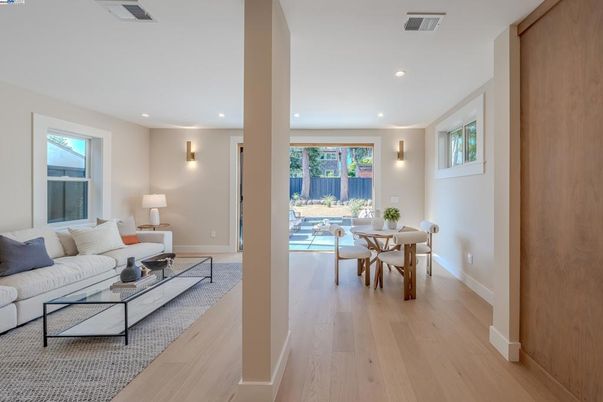 Dining room, Interior, Living room, Recessed Lighting, Wood Texture Flooring
