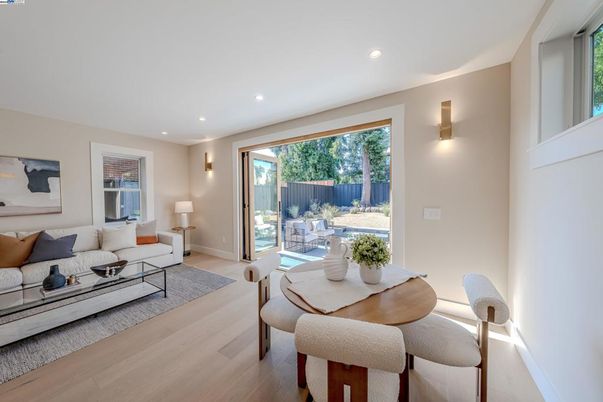 Dining room, Interior, Living room, Recessed Lighting, Wood Texture Flooring