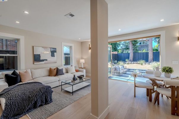 Dining room, Interior, Living room, Recessed Lighting, Wood Texture Flooring