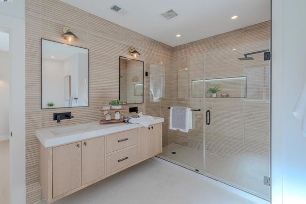 Bathroom, Dual Sink Vanities, Glass Shower, Interior, Recessed Lighting